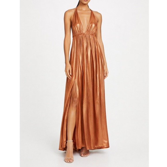Sundress Dresses & Skirts - Sundress REVOLVE Metallic Copper Halter Maxi Dress Plunging V-Neck Slit Bronze S